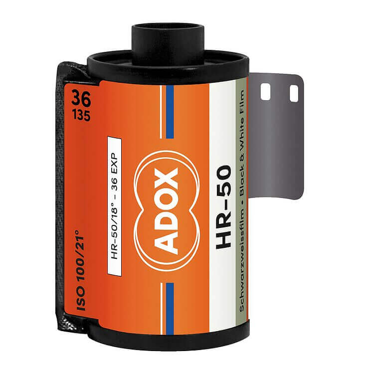 Adox HR-50 black and white film roll, ISO 50, 36 exposures, ultra-fine grain for sharp photography.