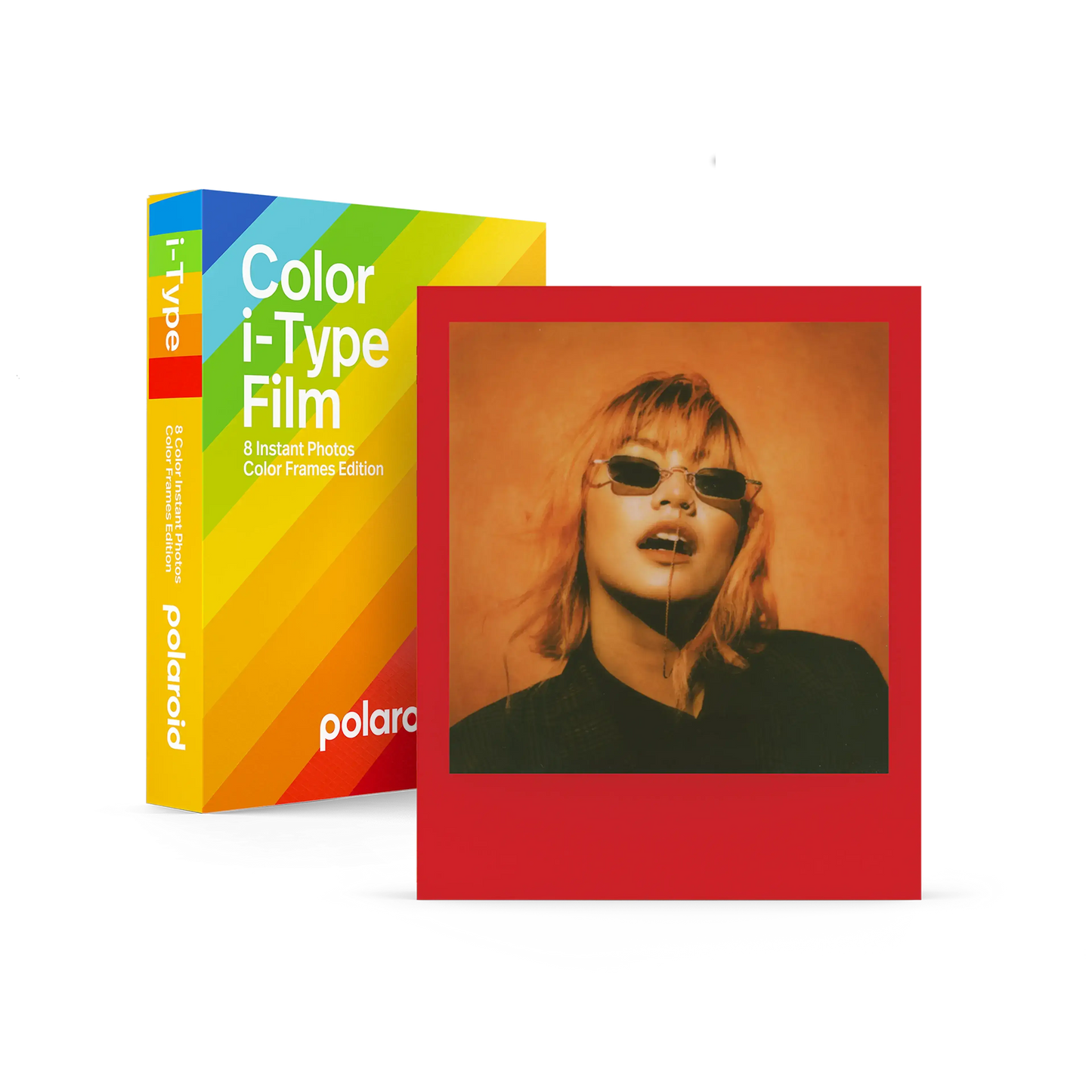 Polaroid Color i-Type Film box with a red-framed instant photo of a woman wearing sunglasses