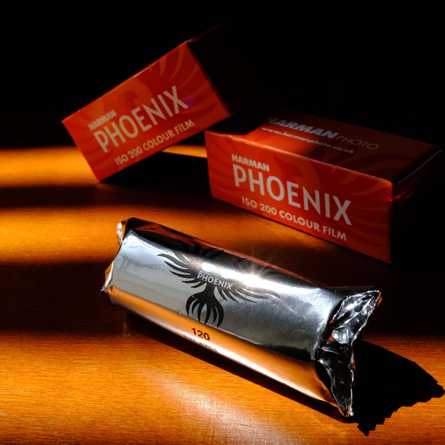Harman Phoenix 200 ISO Colour Film with packaging, showcasing high contrast and strong grain quality.