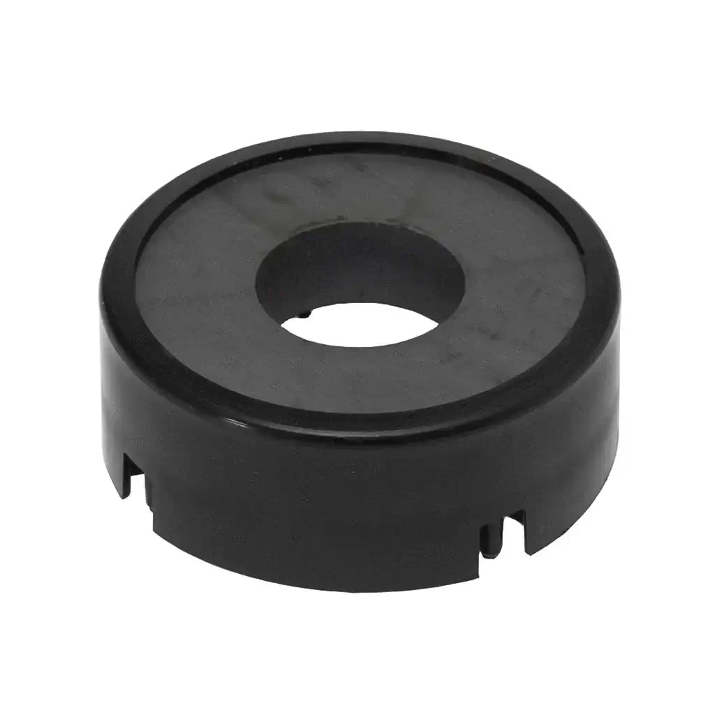Black plastic washer with central hole and grooves on the outer edge.