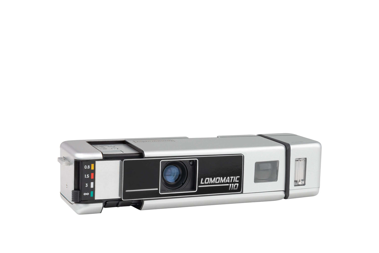 Lomography 110 Pocket Film Camera with Flash in sleek metal design, showcasing premium glass lens and automatic features.