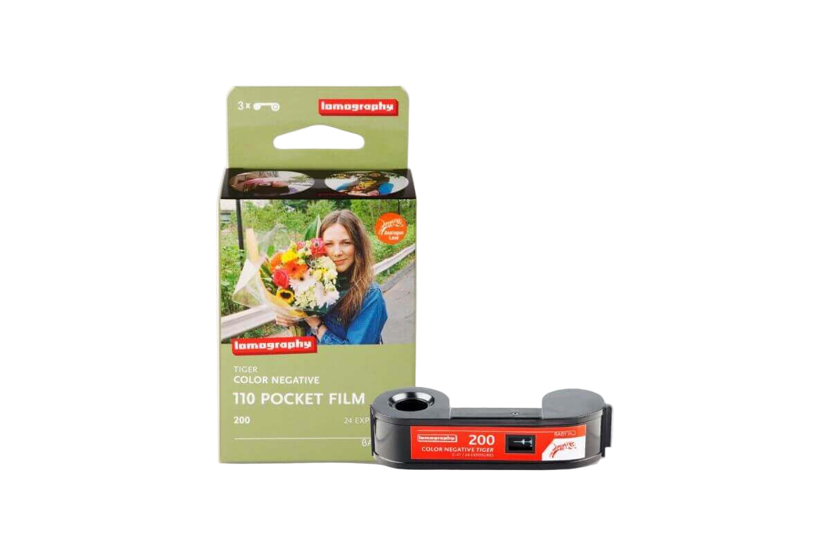 Lomography Color Tiger 110 film and packaging featuring vibrant colors, perfect for capturing urban snapshots.