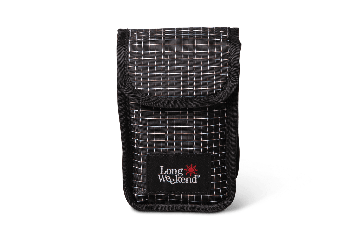 Long Weekend Camera Pouch in black with grid pattern for protecting point-and-shoot cameras.