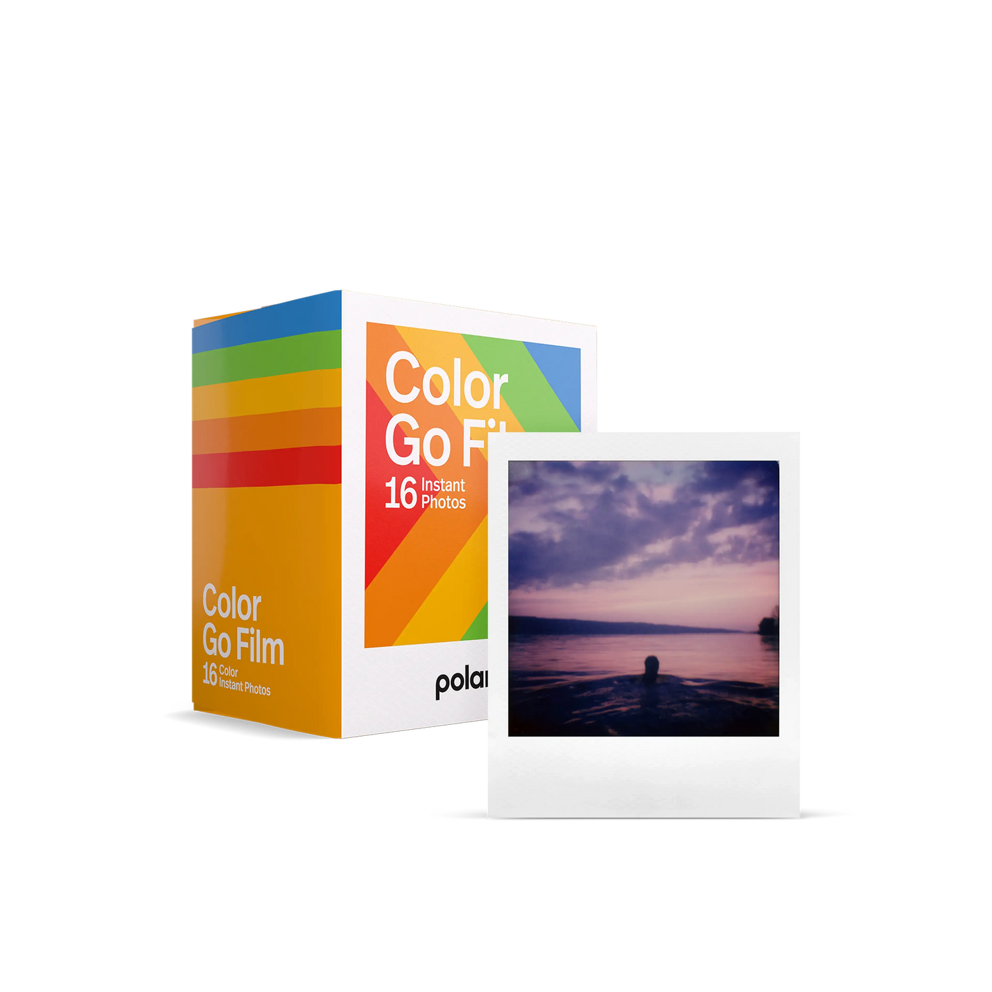 Polaroid Go color instant film double pack with 16 photos, showcasing an instant photo and vibrant packaging.
