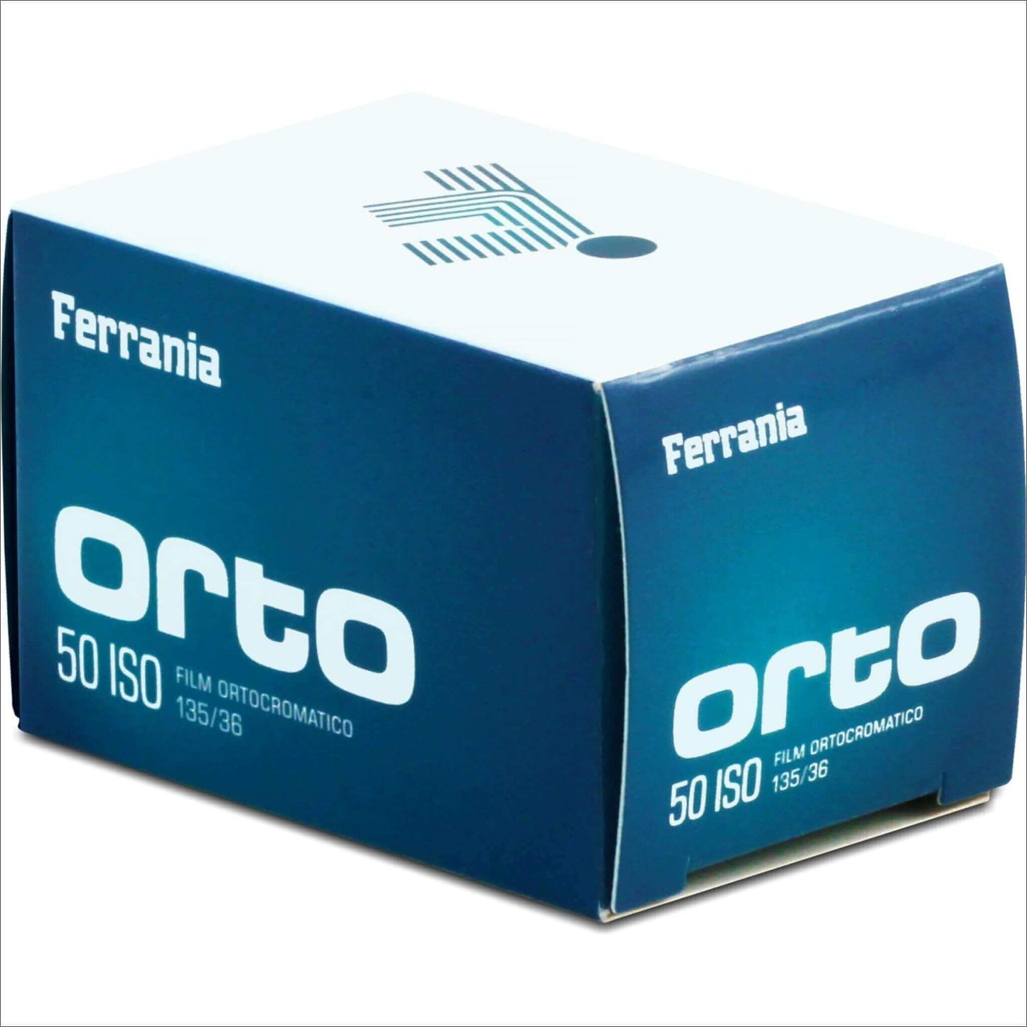 Ferrania Orto 50 ISO black and white 35mm film box showcasing orthochromatic quality, 36 exposures.