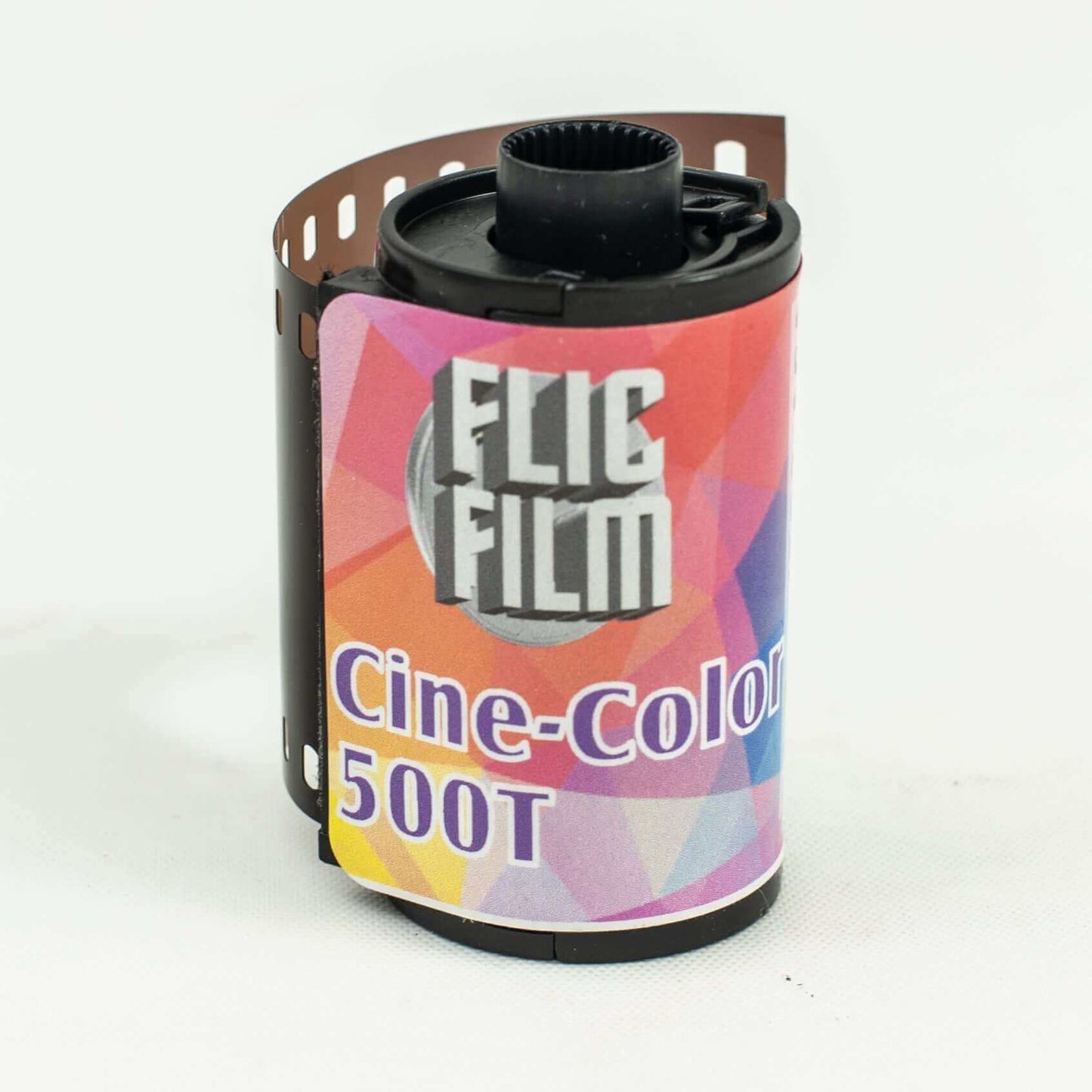 Flic Film CineColor 500T ECN-2 35mm film roll with colorful packaging, designed for optimal color and contrast.