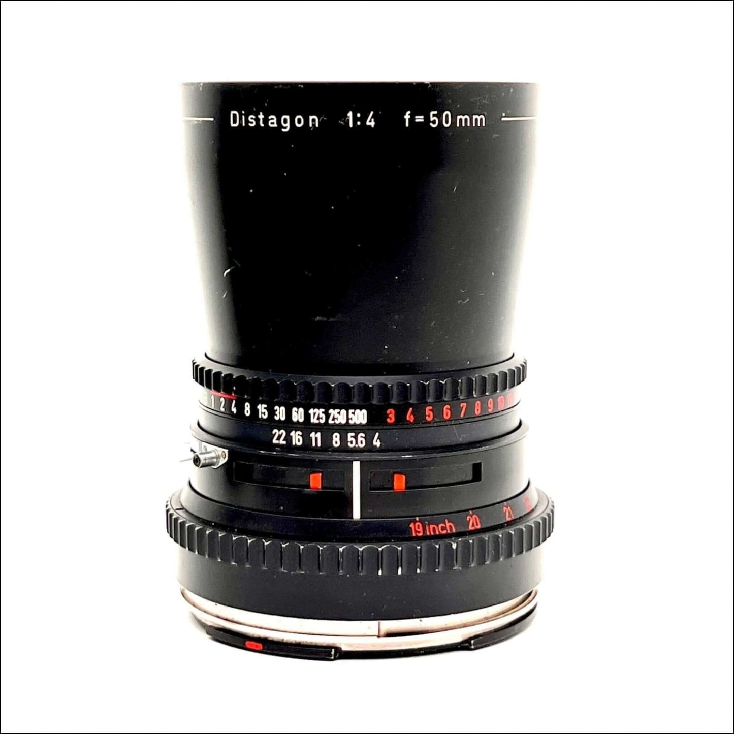 Hasselblad Carl Zeiss Distagon T* 50mm f4 lens with smooth focusing ring and minor cosmetic scratches.