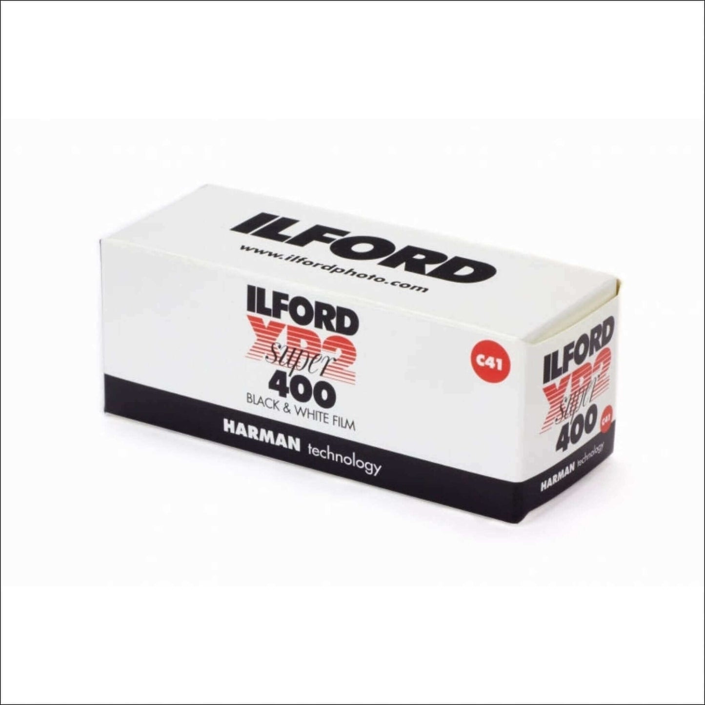 Ilford XP2 Super 400 black and white negative film box, compatible with C-41 processing.