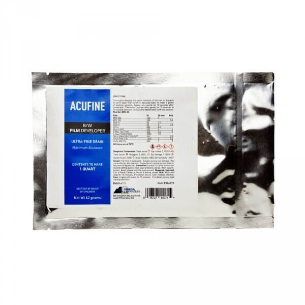 Acufine b/w film developer in a silver foil pouch with blue and white labeling.