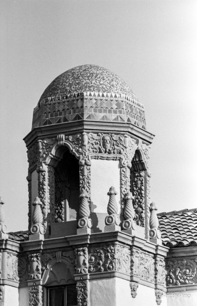 Tiled dome and ornate octagonal tower with twisted columns, Weslaco City Hall and Fire Station, Weslaco — ADOX SILVERMAX 100 35mm, Canon A2E