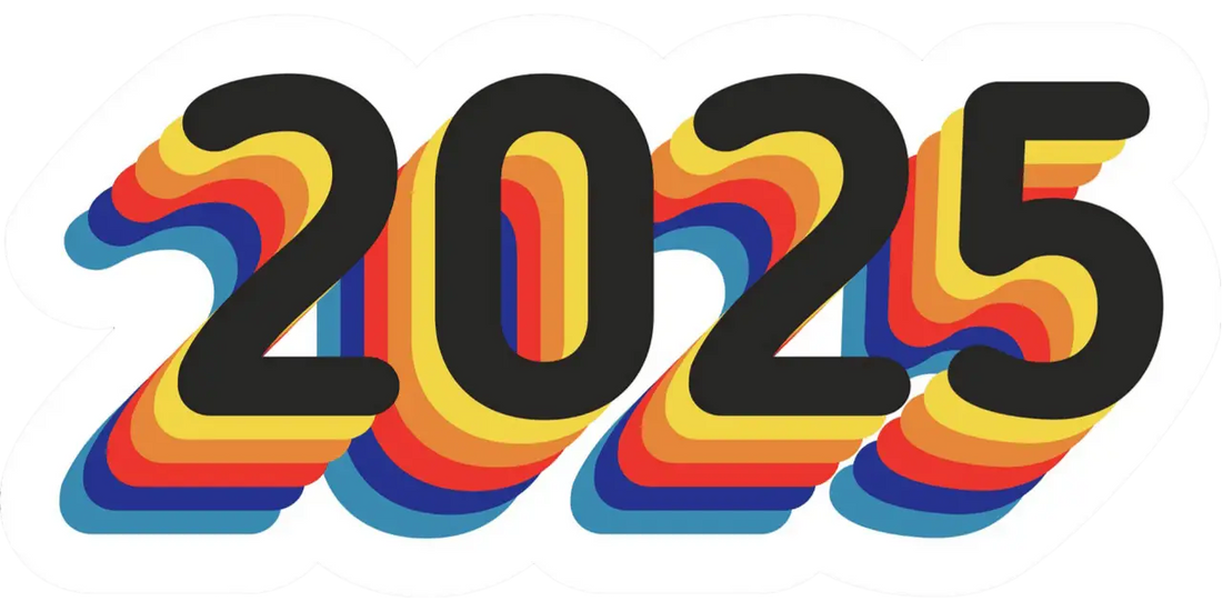 Vibrant rainbow-striped ’2025’’ graphic sticker with bold black numerals.