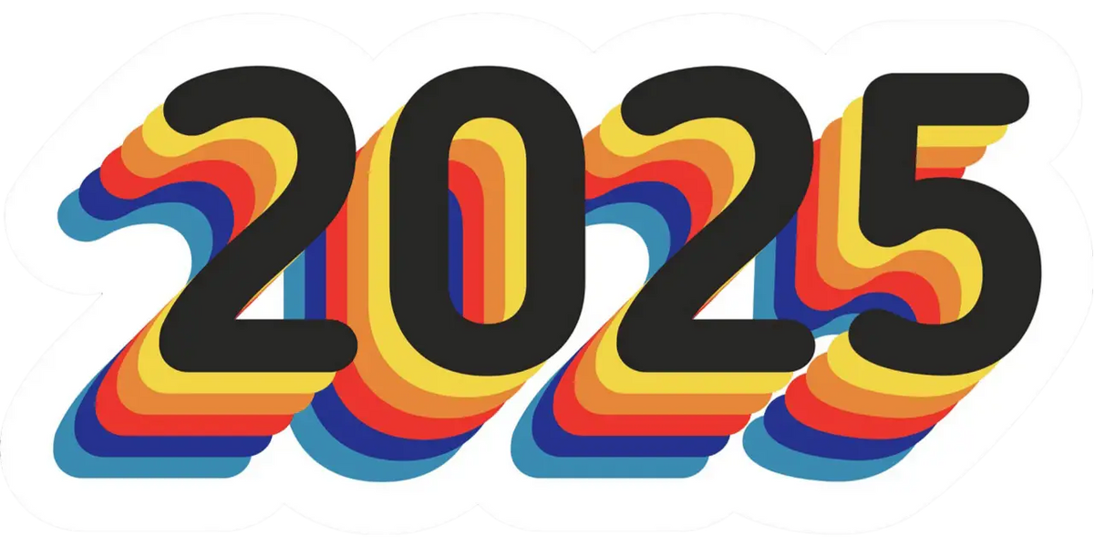 Vibrant rainbow-striped ’2025’’ graphic sticker with bold black numerals.