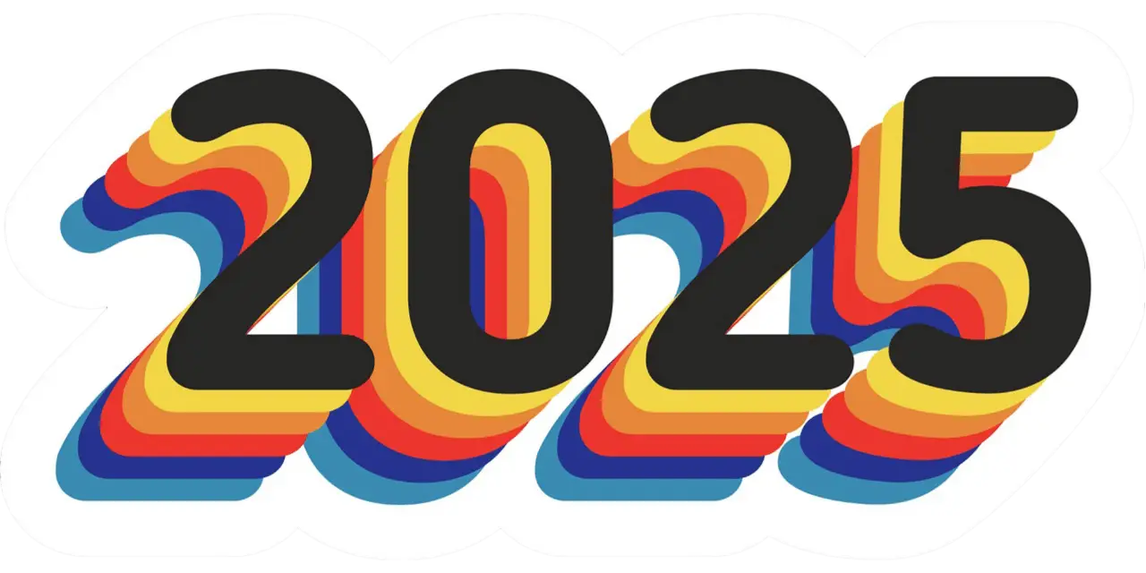 Vibrant rainbow-striped ’2025’’ graphic sticker with bold black numerals.