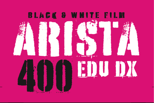 Arista 400 edu dx black and white film, bold stenciled text on a vibrant pink background.
