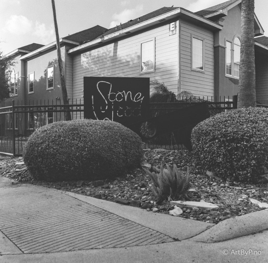 Stone Wood apartment complex entrance sign, Stone Wood, McAllen — CatLABS X320 Pro 120, Hasselblad 500CM