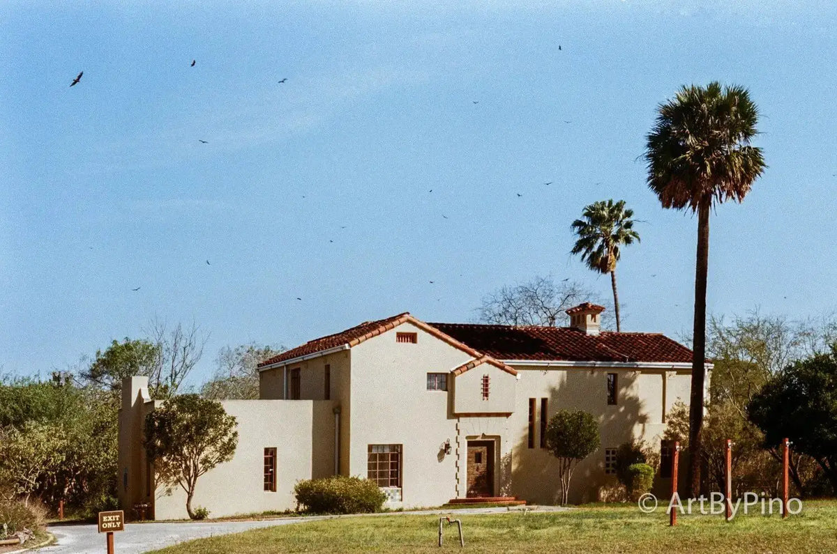 Beige stucco house with red tile roof and tall palm trees.