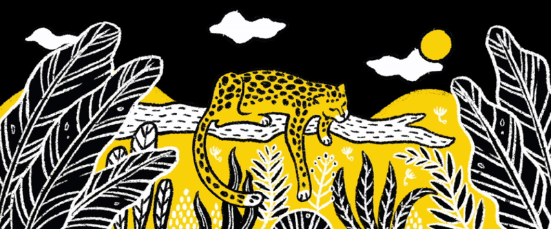 A stylized yellow leopard with black spots rests on a white branch against a vibrant background of bold yellow and black foliage.