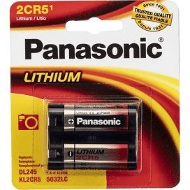 Panasonic 2cr5 lithium batteries in a blister pack with black and silver cylindrical cells.