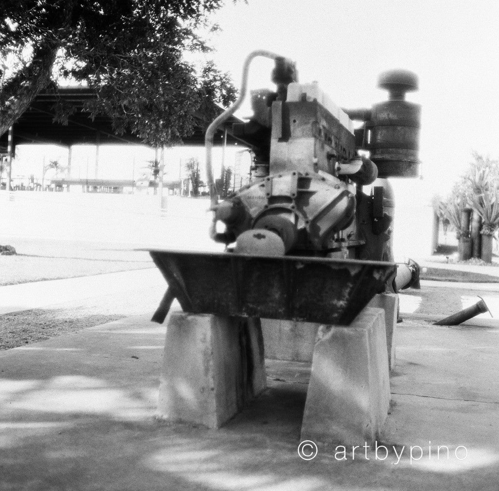120 + Film Washi F + Rollei Magic II — Historic engine on a steel frame and concrete blocks, McAllen Pumphouse and Firemen’s Park, McAllen, Texas