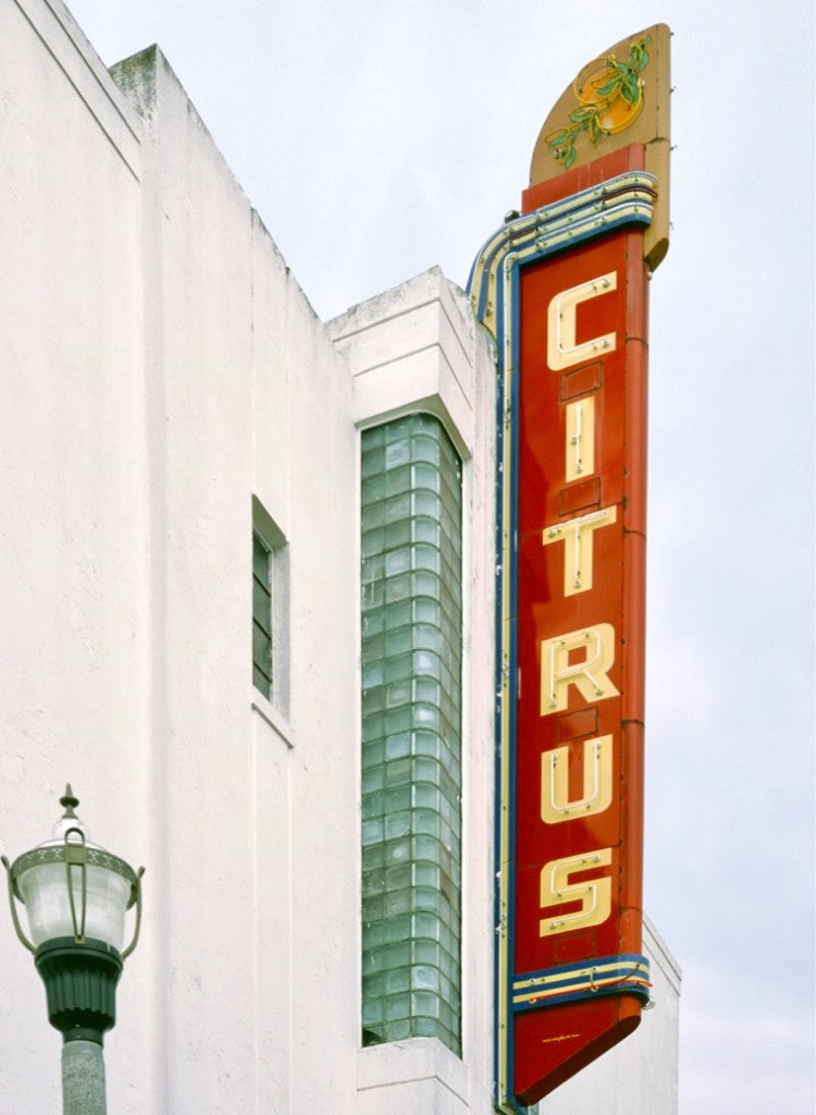 Vertical CITRUS blade sign with citrus graphic on the white Art Deco Citrus Theater (Citrus Live), Edinburg, Texas, shot on Fujifilm Fujichrome Provia 100 120 film, developed in E-6