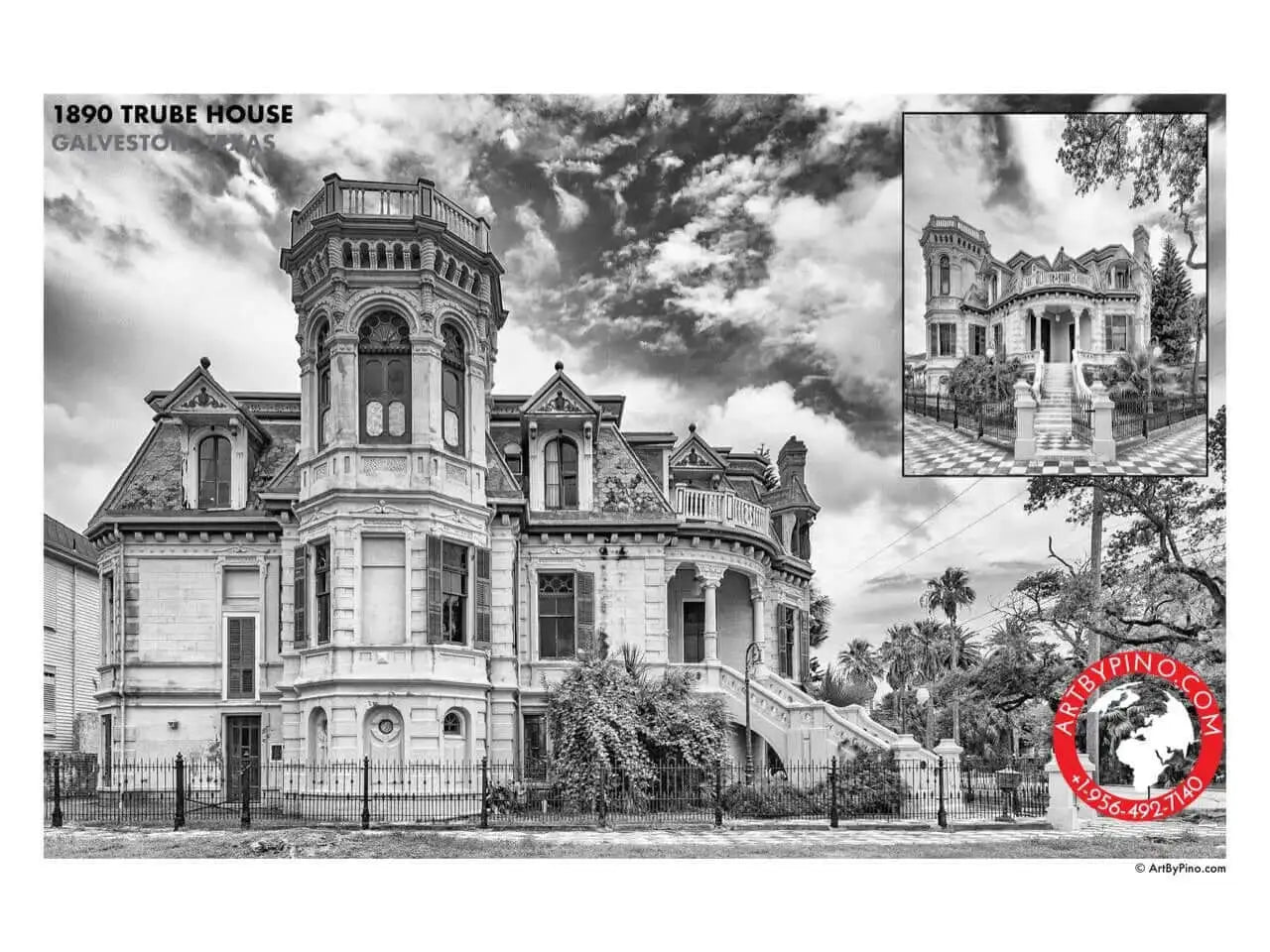 Black-and-white photographic print of the 1890 trube house in galveston, texas.