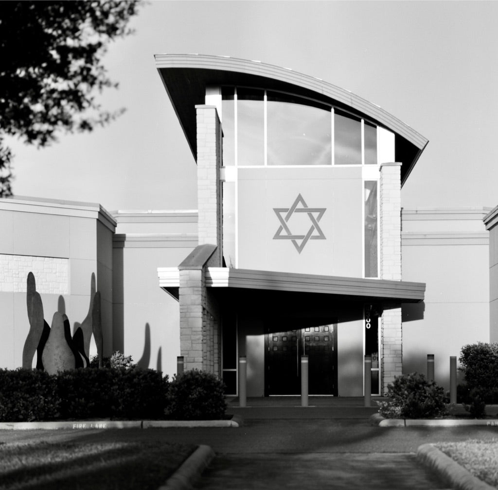 Modern synagogue facade with Star of David, Temple Emanuel McAllen, shot on Kodak T-Max 100 120 film, developed in standard black-and-white chemistry