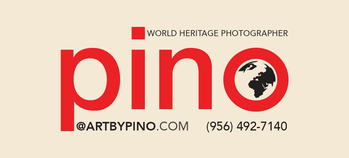 Red ’pino’ logo with a globe design inside the letter ’o’ and text above reading ’world heritage photographer’.