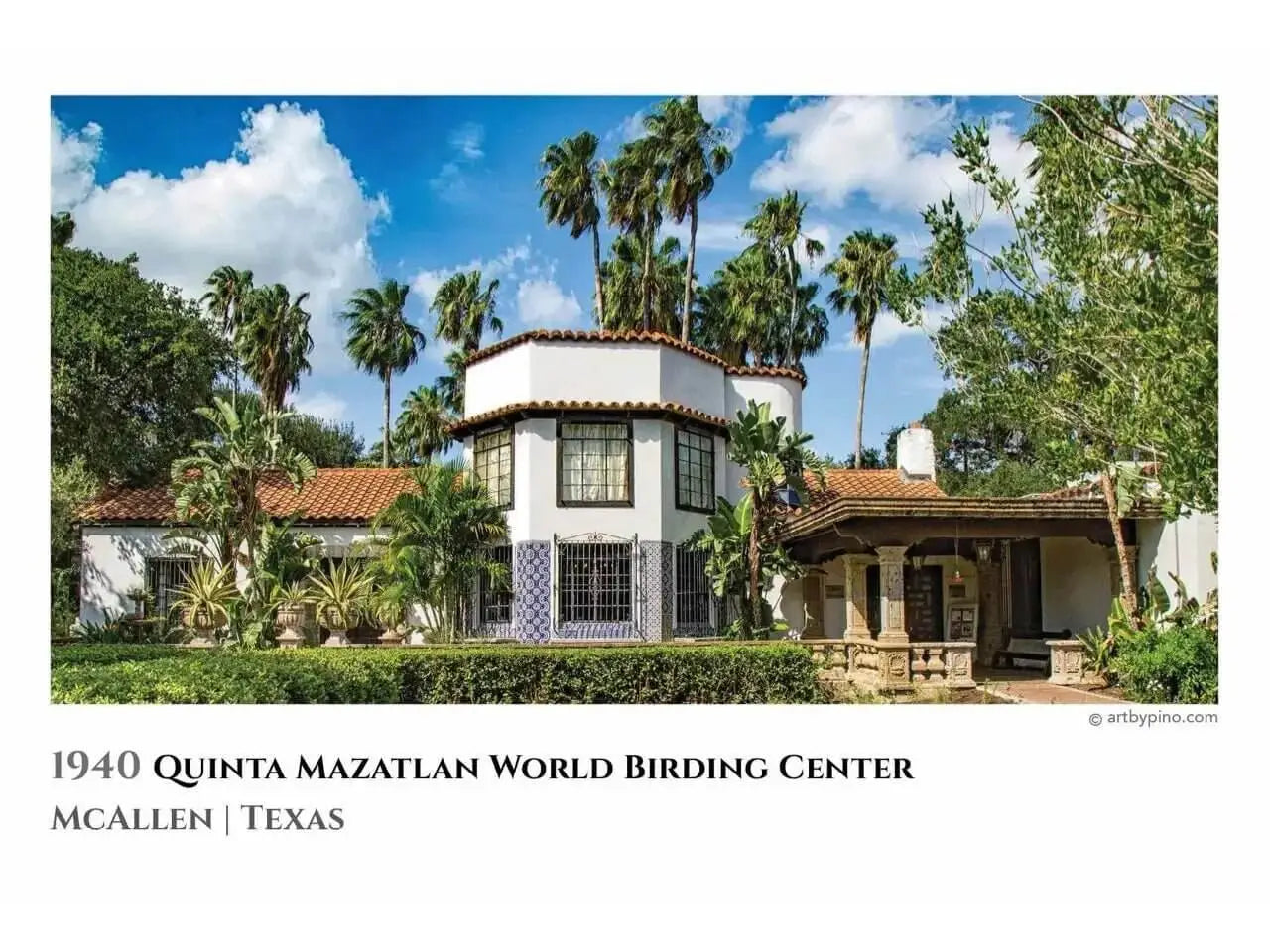 The 1940 quinta mazatlan world birding center in mcallen, texas is a white stucco building with terracotta tile roofing and decorative blue-and-white tiled accents around its windows.