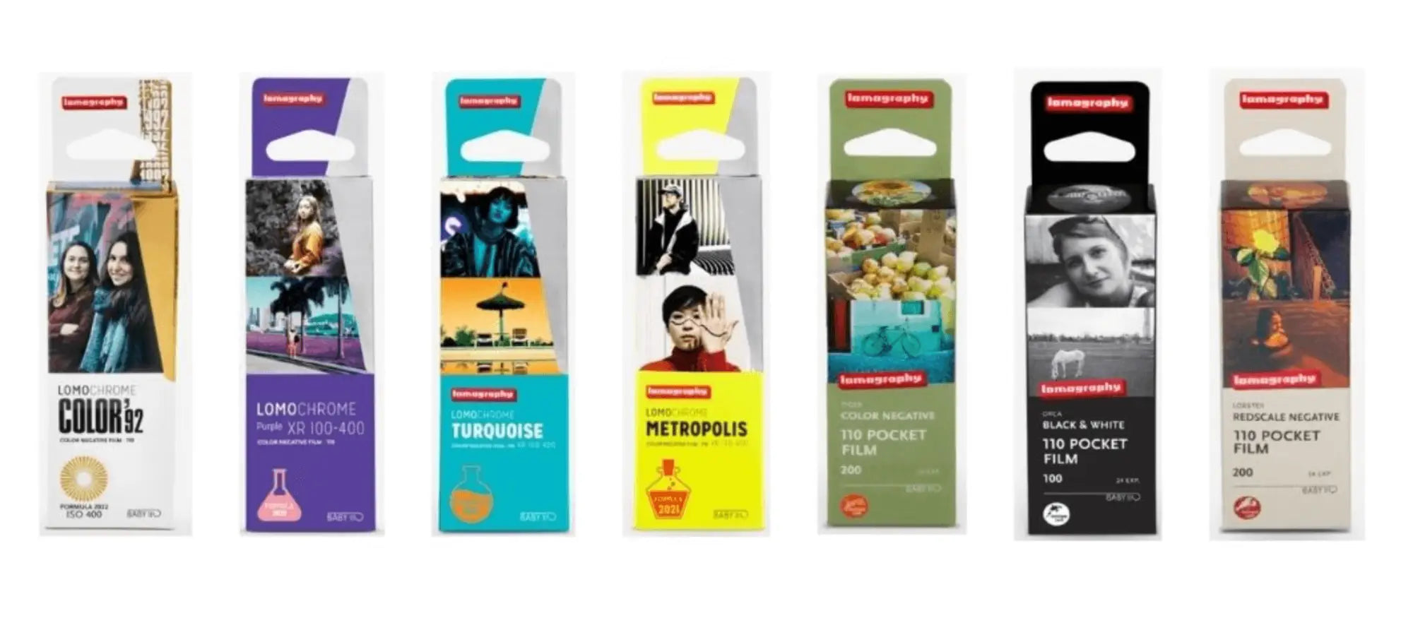 Lomography instant film packs in assorted vibrant color and black-and-white varieties, each featuring unique design themes like lomochrome color 32 or metropolis.