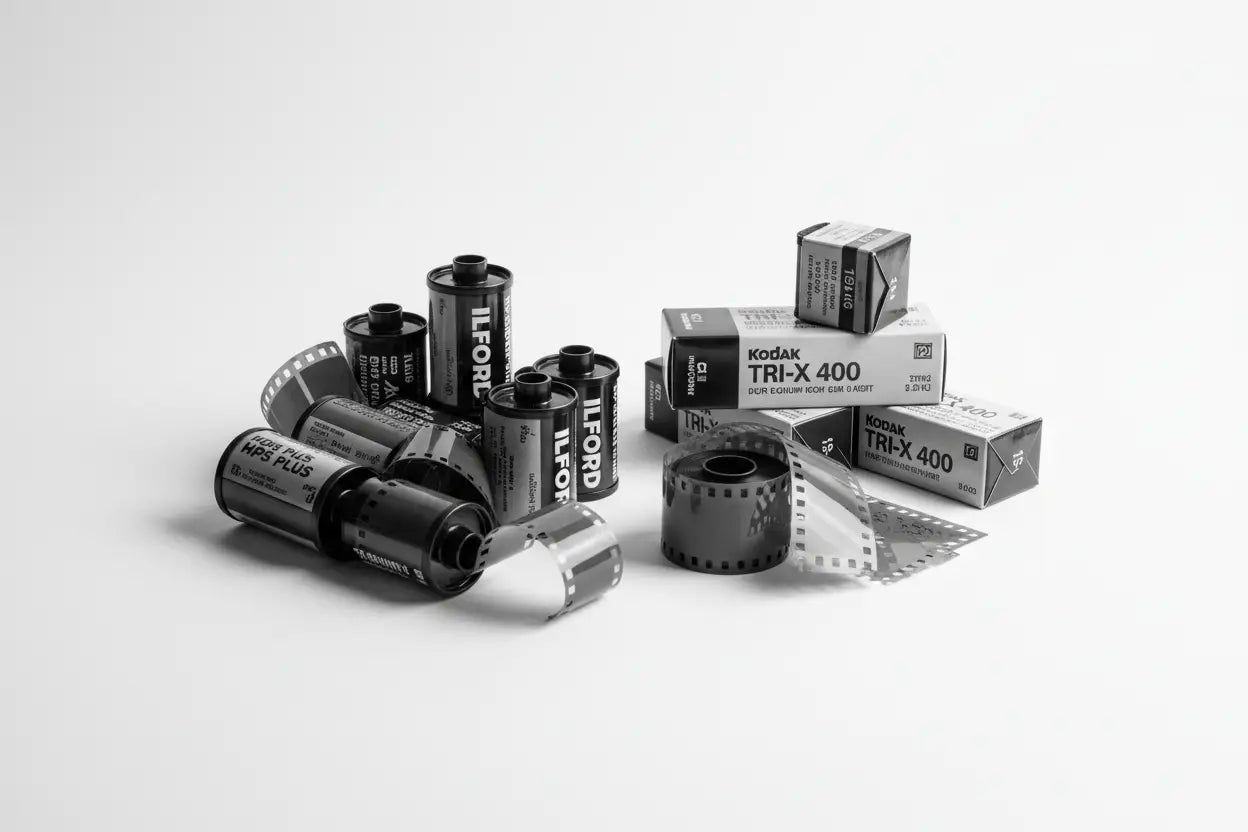 Black kodak tri-x 400 film rolls and boxes scattered on a white surface.