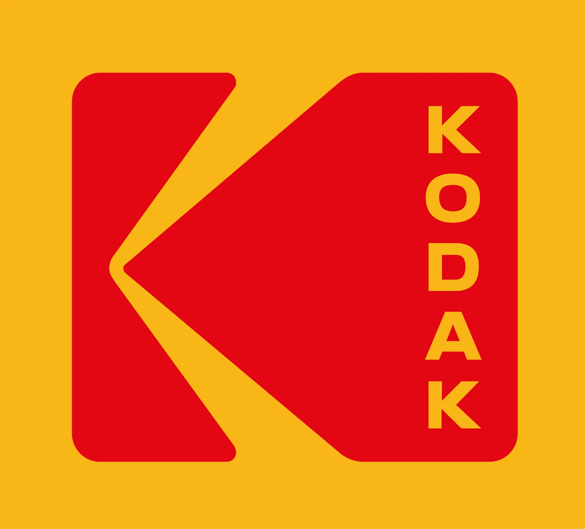 Red and yellow kodak logo featuring a stylized ’k’ with the brand name vertically aligned in bold, sans-serif lettering.