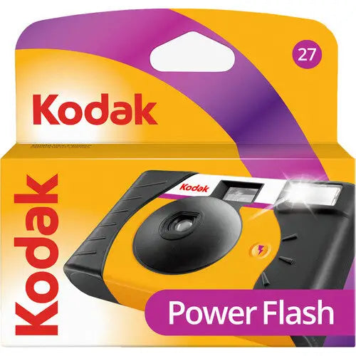 Kodak power flash instant camera in vibrant yellow and black with a purple accent.