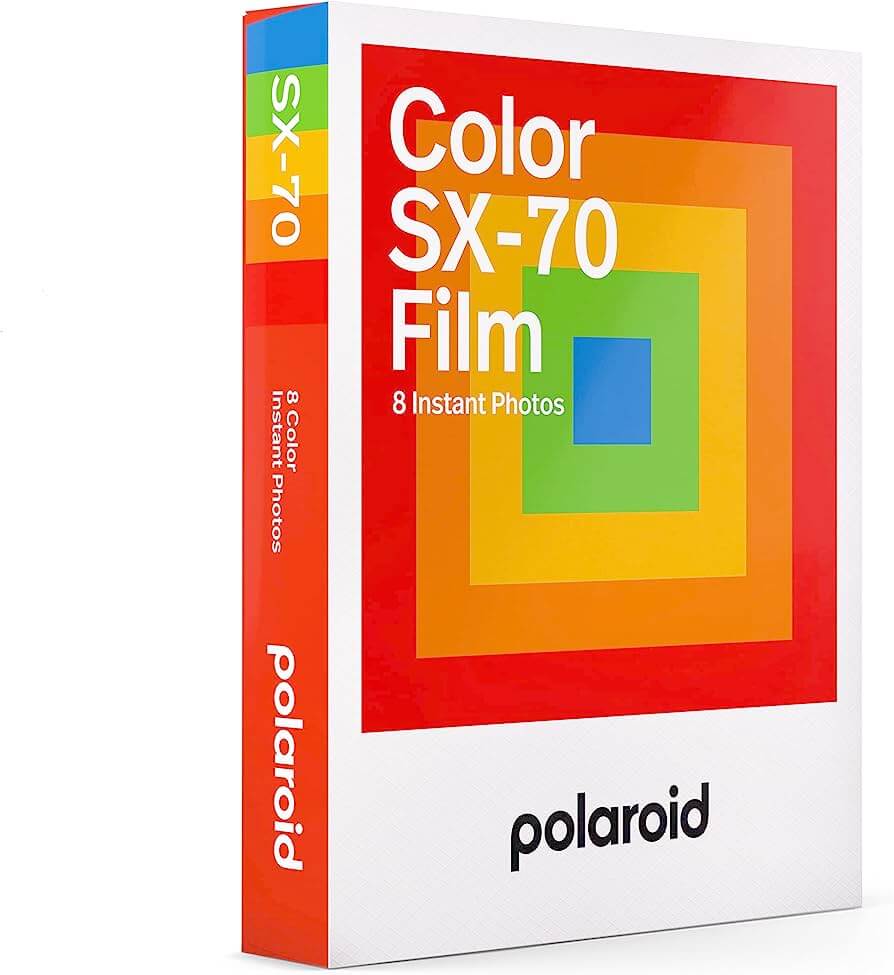 Polaroid sx-70 color film pack featuring a vibrant rainbow square design on a white box with red accents and the polaroid logo.