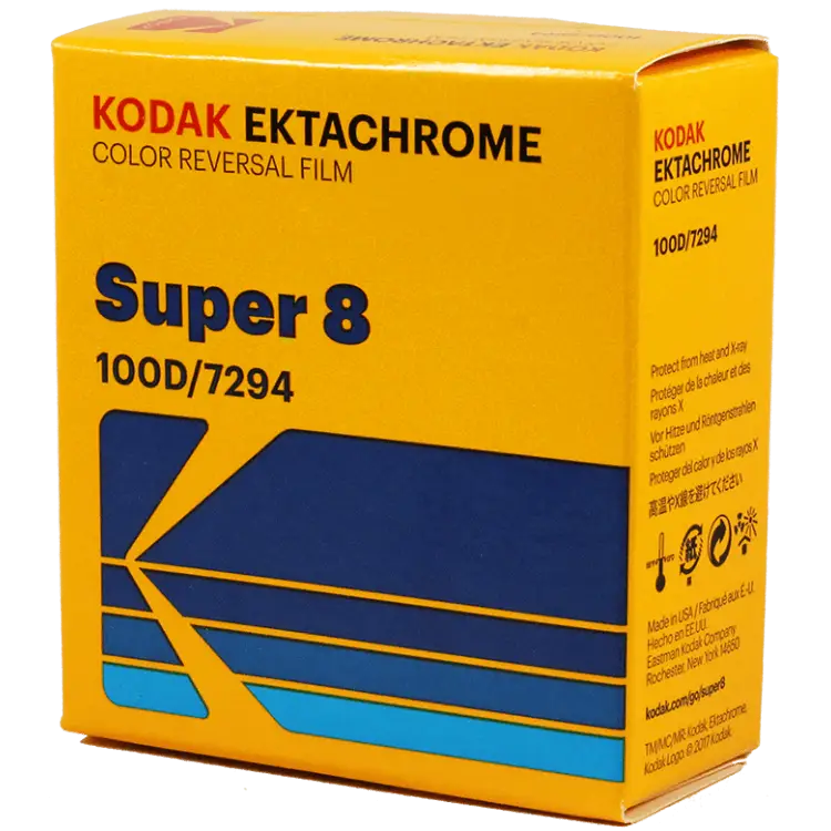 Yellow cardboard box of kodak ektachrome super 8 color reversal film, model 100d/7294.