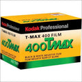 Kodak professional t-max 400 film box in vibrant yellow, green, and black with bold lettering for black & white negative film.