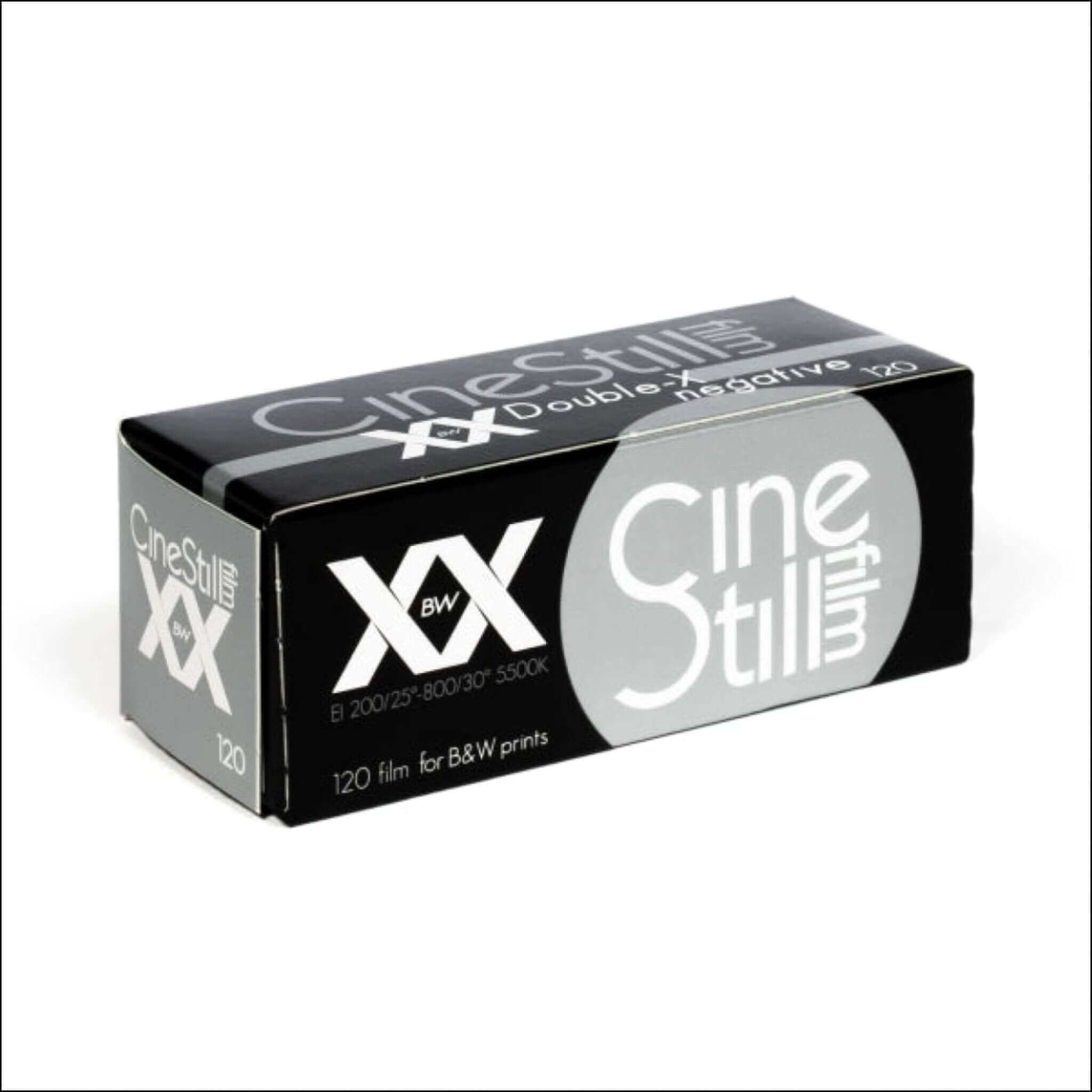 Black and silver cinestill xx 120 film box for b&w prints.