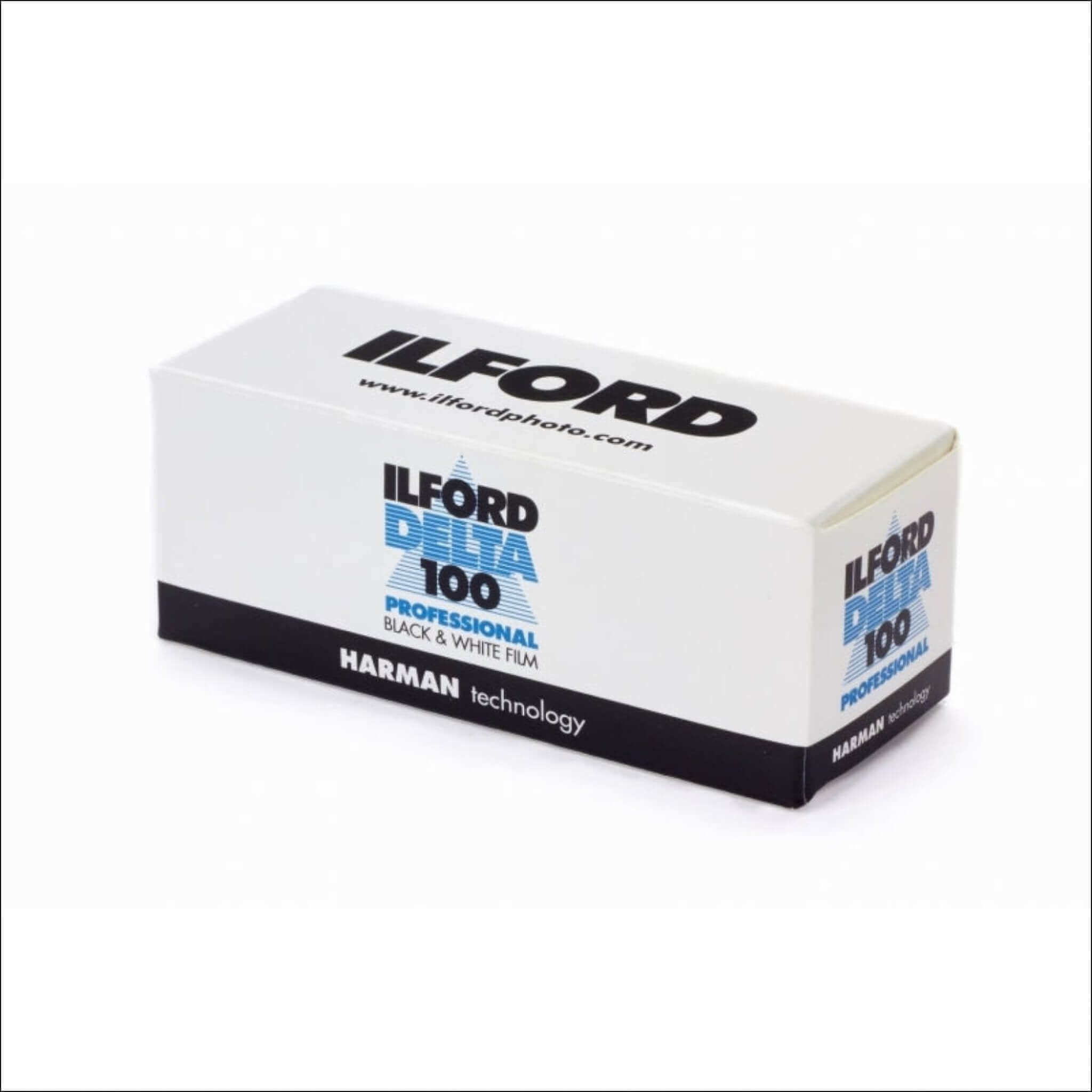 White rectangular box of ilford delta 100 professional black & white film with blue and black branding.