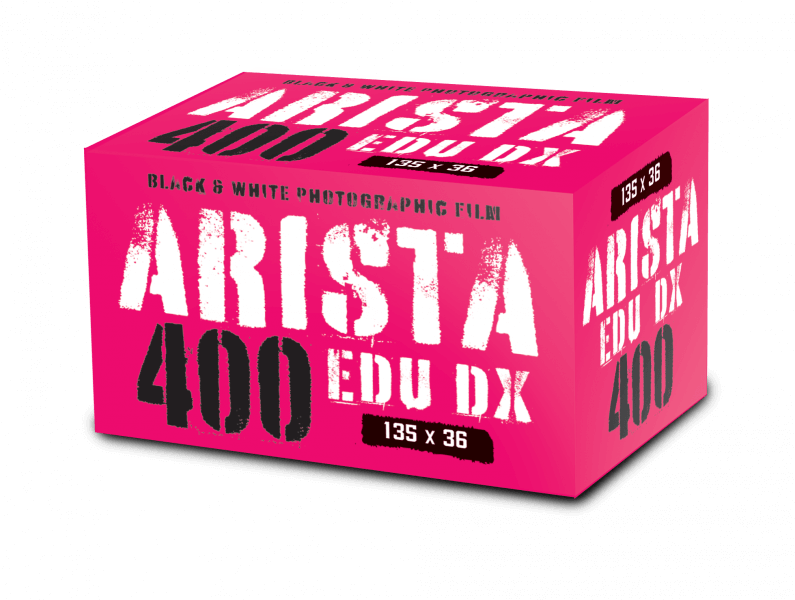 Vibrant pink box of arista 400 edu dx black and white photographic film.
