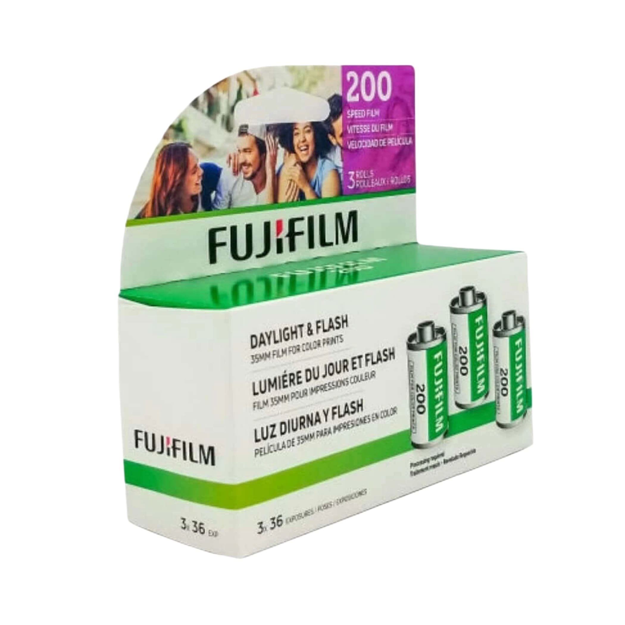 Fujifilm 200-speed daylight and flash 35mm color film in a white, green, and purple retail box containing three rolls.