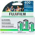 Fujifilm 400 speed 35mm color film in a package containing three rolls.