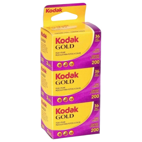 Kodak gold 200 film pack, vibrant purple and yellow packaging with three rolls of color negative film.