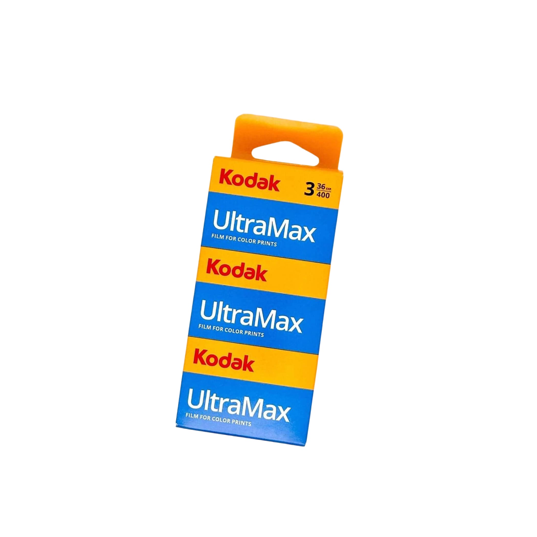 Kodak ultramax 35mm color film pack in blue and orange packaging.