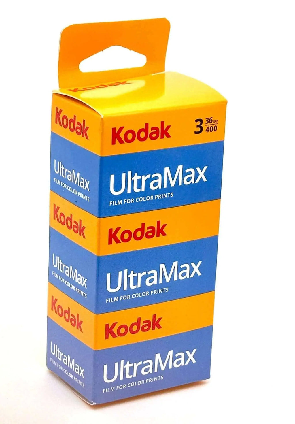 Kodak ultramax film for color prints in a vibrant yellow and blue striped box with an orange top.