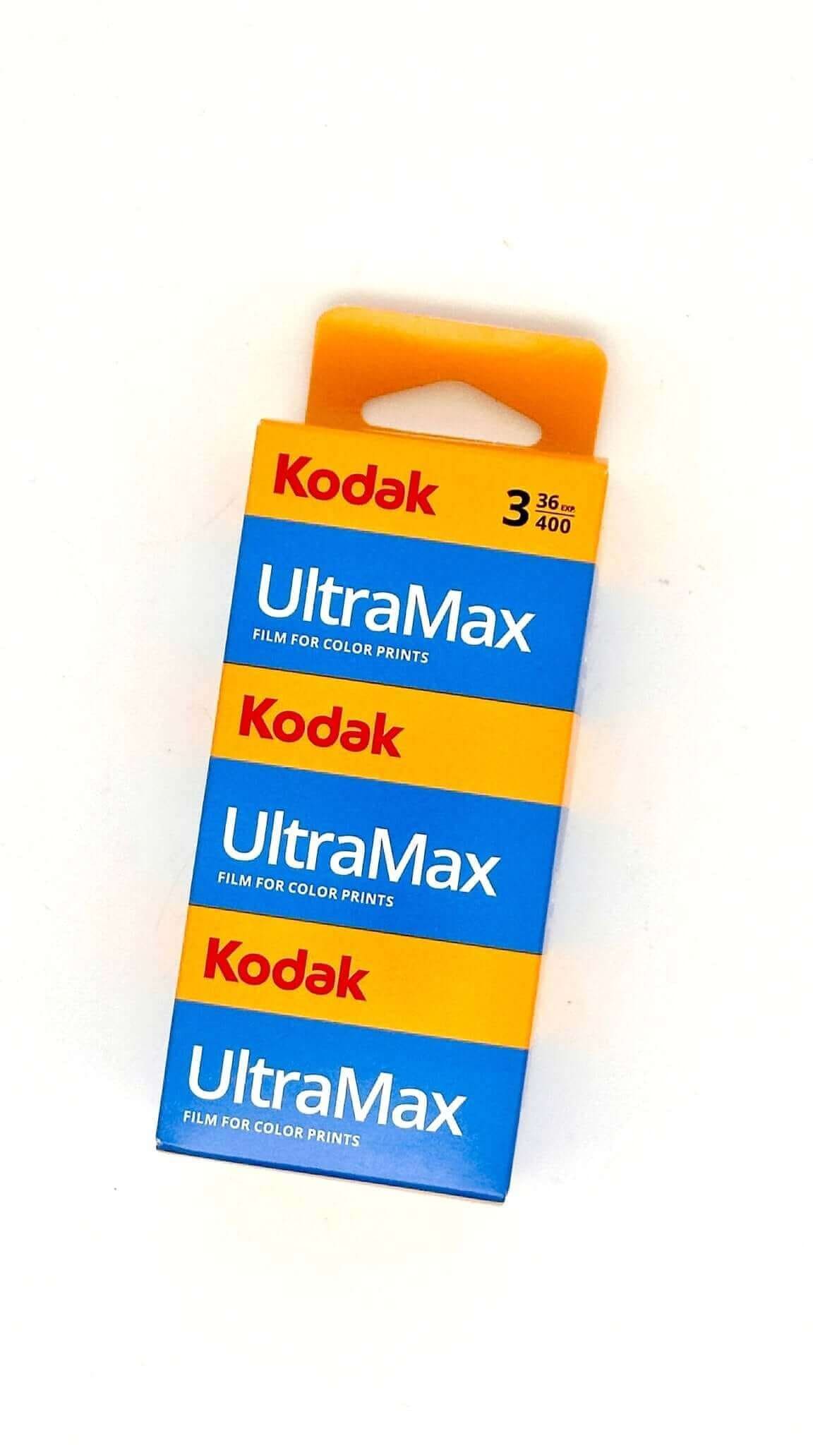 Kodak ultramax 35mm color film pack in blue and orange packaging.