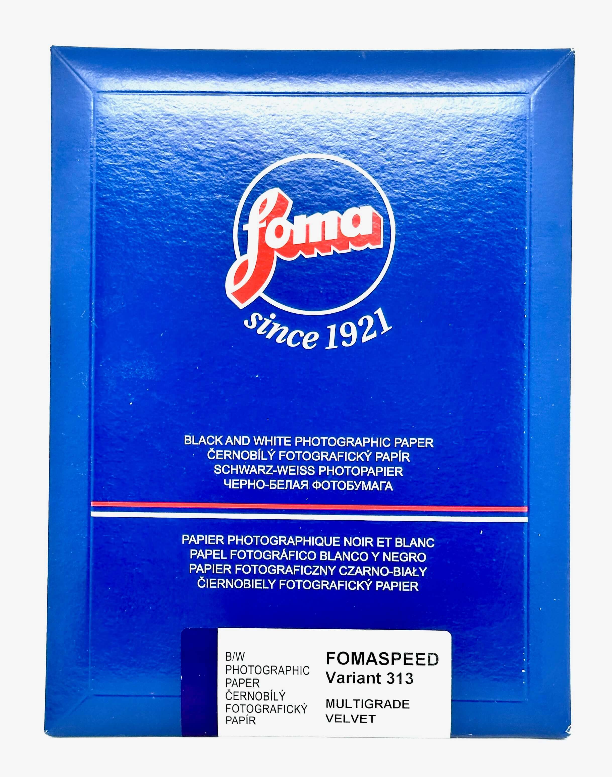 Blue foma fotopaper box with ’fomaspeed variant 313’’ label, featuring multigrade velvet texture for black and white photographic paper.