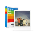 Polaroid color 600 film pack with rainbow-striped box and a white-bordered instant photo of four people on the beach.