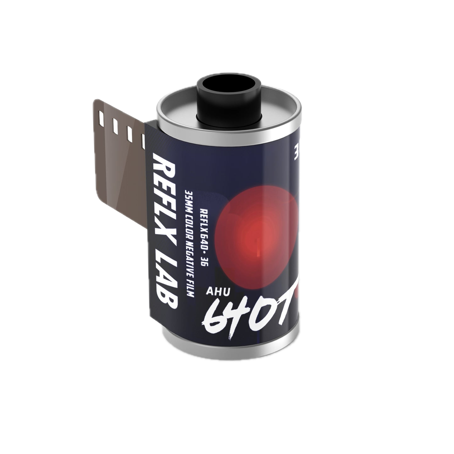 A sleek black and silver cylindrical roll of reflex lab 35mm color negative film, featuring a bold red circular design on its label.