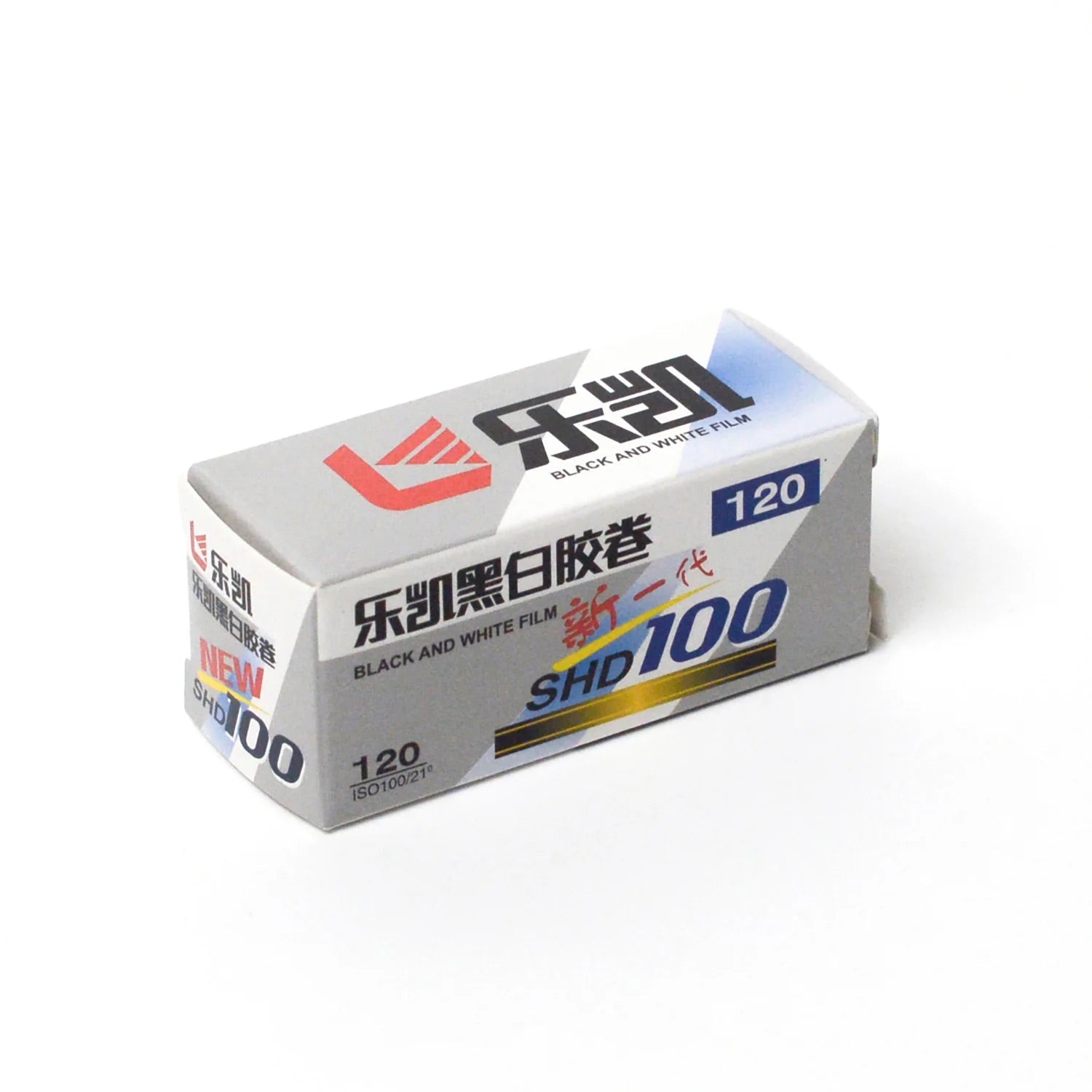 Silver and blue packaged black-and-white film box labeled ’shd100’’ with red branding.