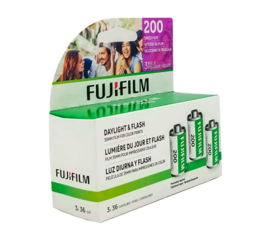 Fujifilm 200-speed daylight and flash 35mm color film in a white, green, and purple retail box containing three rolls.