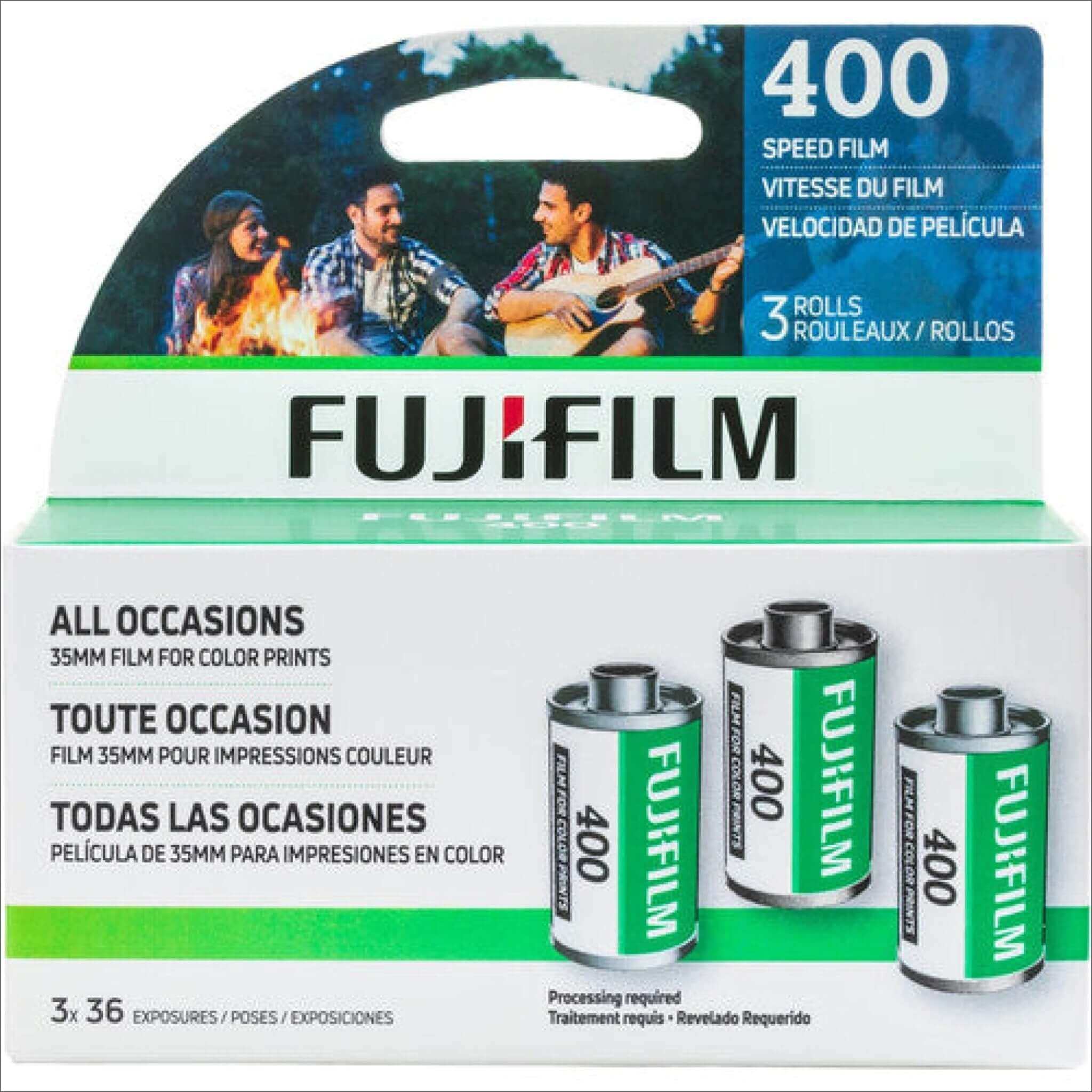 Fujifilm 400 speed 35mm color film in a package containing three rolls.